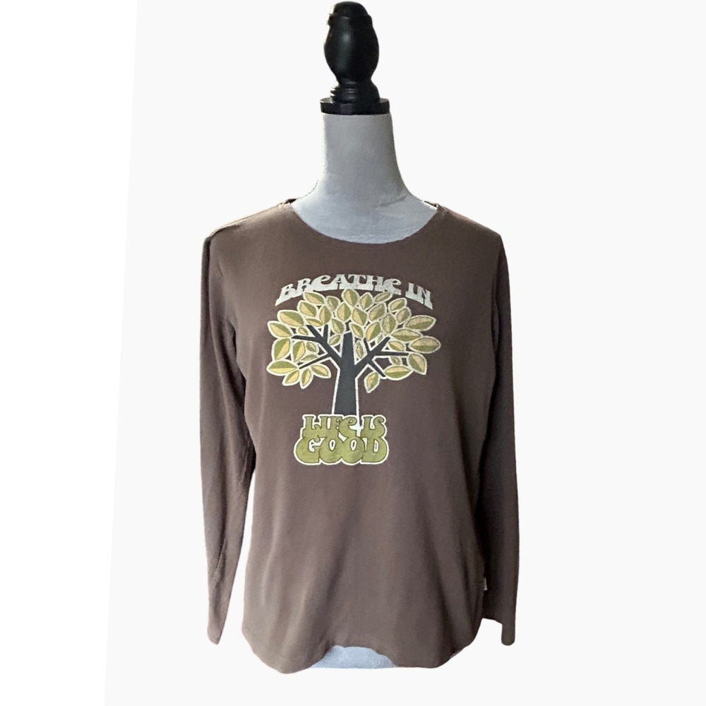 Life is Good Lightweight Long Sleeve‎ Top Tree Graphic Brown Casual Shirt